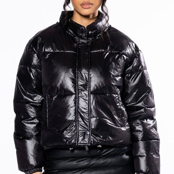 Callie Lives Jackets & Blazers - Miz Puffer Crochet: Detachable Contrast Knit Cardigan Vinyl Winter Coat L XL